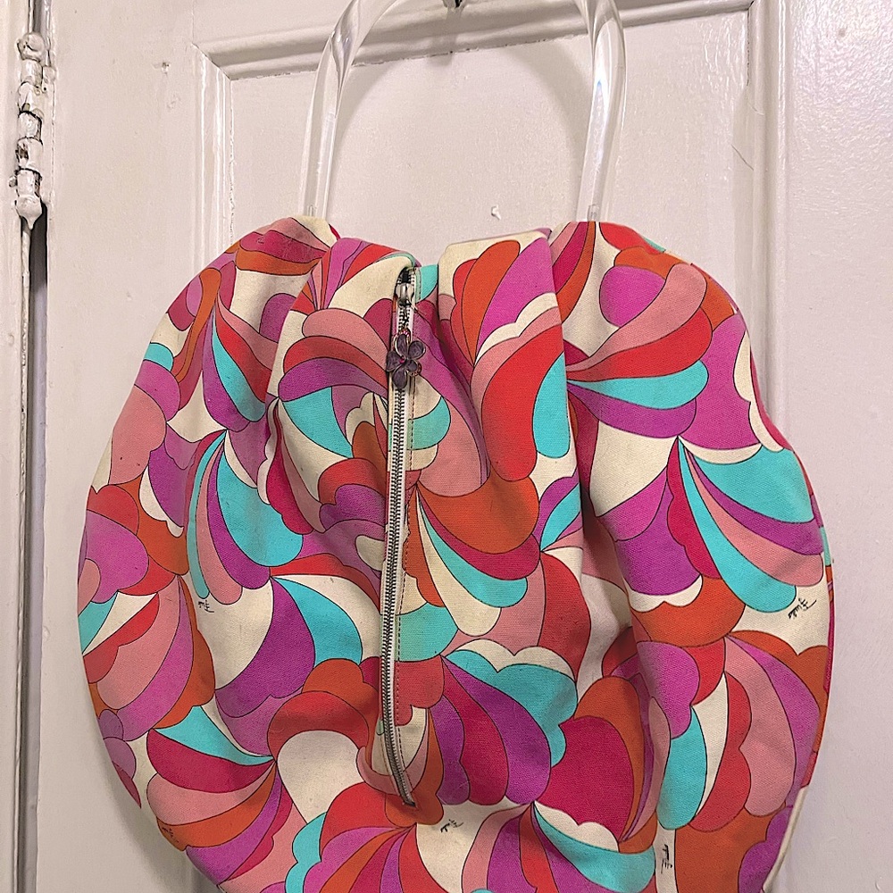 Emilio Pucci canvas beach bag with lucite handle. Colorful Swirl Patterned Bag